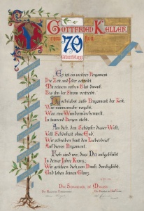 Il Diploma di auguri inviato nel 1889 da Ulrico Hoepli a Gottfried Keller