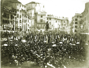 Roma, inaugurazione del monumento di Giordano Bruno il 9 giugno 1889 nella piazza di Campo de' Fiori. Il monumento è opera dello scultore Ettore Ferrari che fu Gran Maestro del Grande Oriente d'Italia.